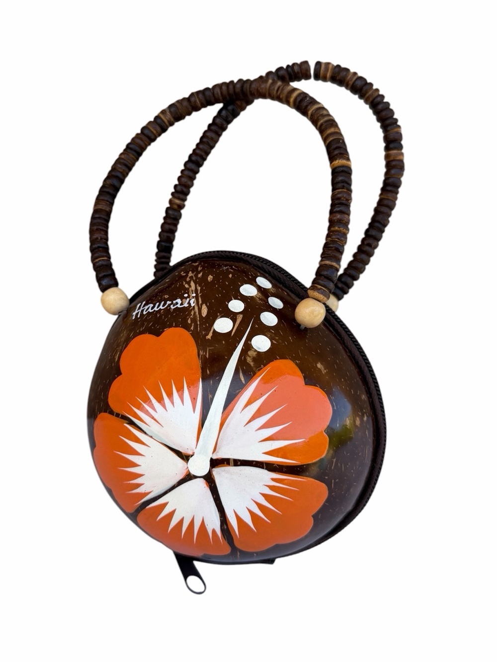 Hawaiian Coconut Shell Handbag Purse with Orange Floral Design Aloha Hawaii